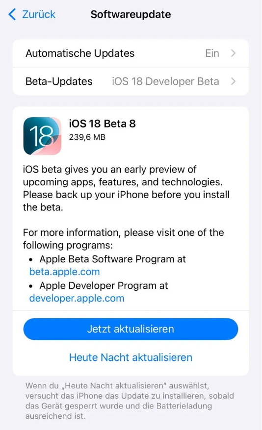 太康苹果手机维修分享苹果 iOS / iPadOS 18 开发者预览版 Beta 8 发布 